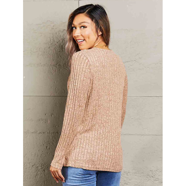Double Take Ribbed Round Neck Buttoned Long Sleeve Tee