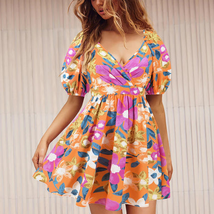 Printed Surplice Short Sleeve Dress