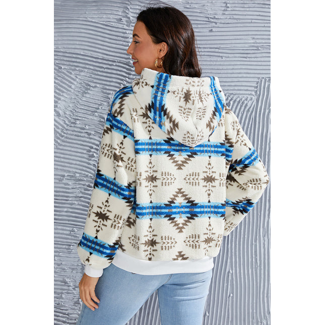 Shiny Geometric Half Zip Drawstring Long Sleeve Hoodie