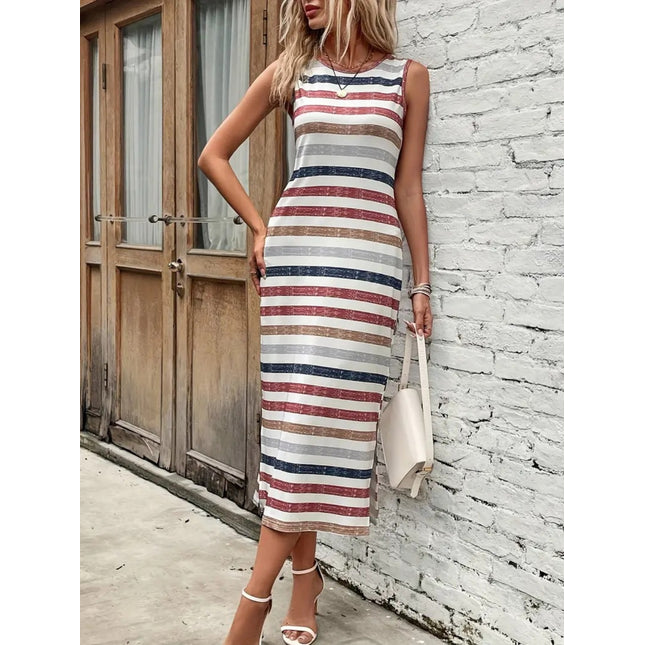 Slit Striped Round Neck Tank Dress