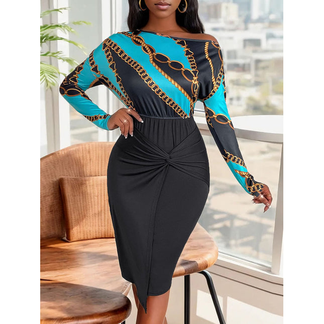 Perfee Twisted Printed Long Sleeve Dress