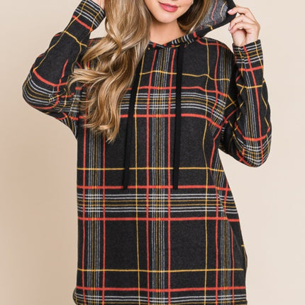 BOMBOM Drawstring Plaid Long Sleeve Hoodie