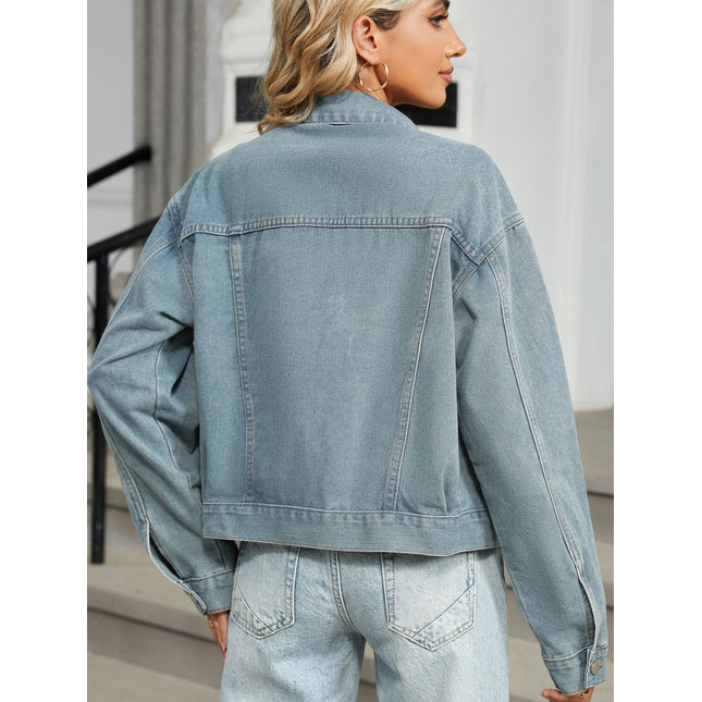 Rhinestone & Peal Trim Button Down Long Sleeve Denim Jacket