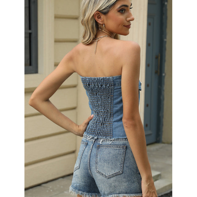 Smocked Button Up Tube Denim Top