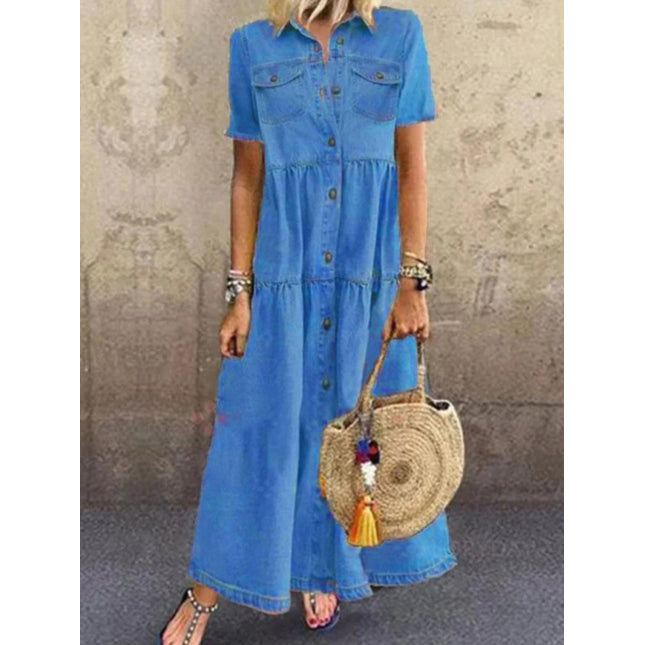 European and American denim style long multi-button distressed dress