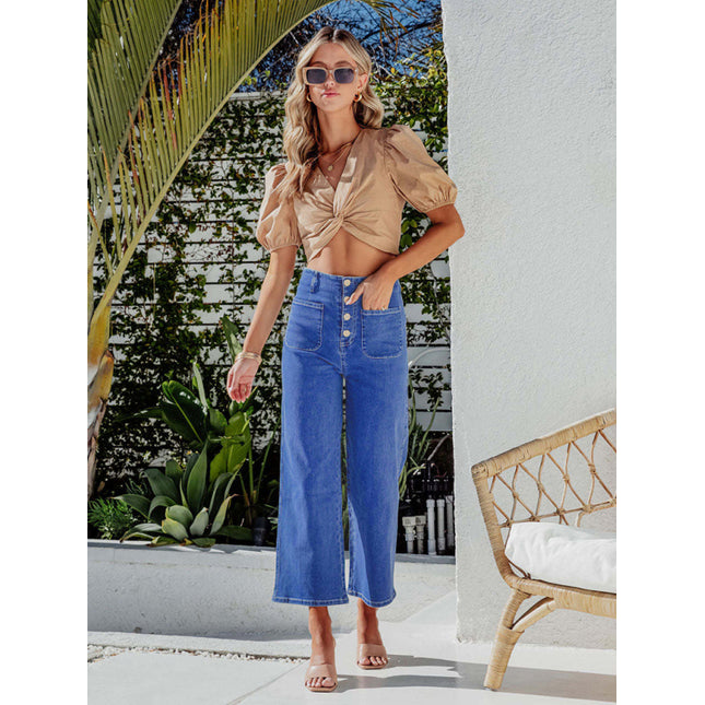 Retro Loose Straight Single-Breasted High-Waist Wide-Leg Jeans Crop Pants