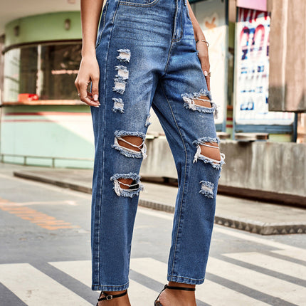 All-match washed ripped straight-leg denim cropped pants