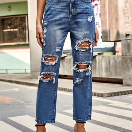 All-match washed ripped straight-leg denim cropped pants