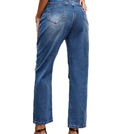 All-match washed ripped straight-leg denim cropped pants