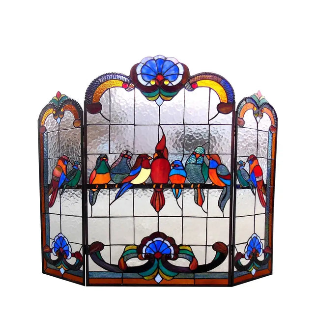 "Aves" Tiffany-glass Gathering Birds Design 3pcs Folding Fireplace Screen