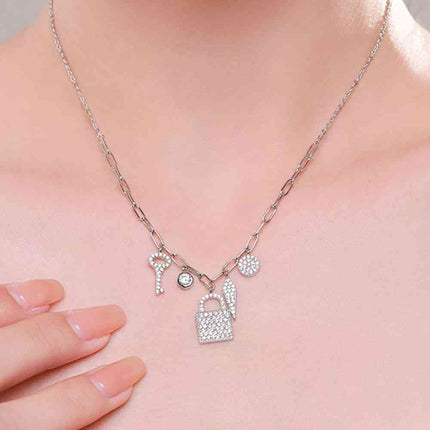 925 Sterling Silver Lock & Key Zircon Pendant Necklace