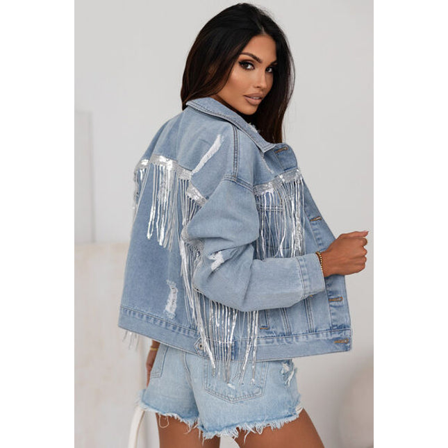 Sequin Fringe Trim Distressed Button Up Denim Jacket