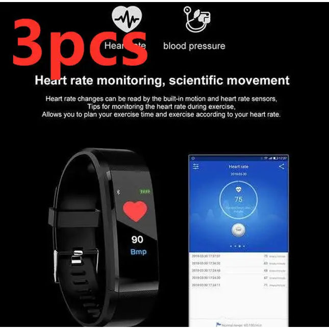 Color: Black3pcs - Smart Bracelet With Bluetooth Wristband Heart Rate Monitor Watch Activity Fitness Tracker