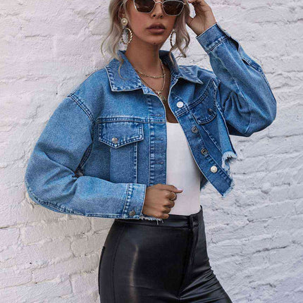 Raw Hem Collared Neck Denim Jacket