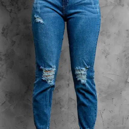 Classic Medium Rise Ripped Slim Fit Washed Jeans