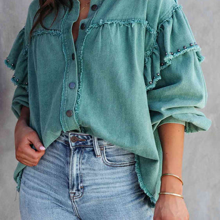 Button Down Raw Hem Denim Jacket