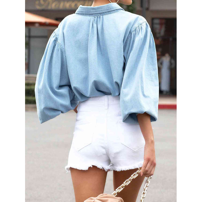 Snap Down Puff Sleeve Denim Top