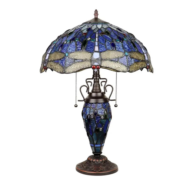 Dragonfly design 3 light Tiffany-style double lit table lamp