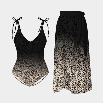 Leopard Tie Shoulder Swimwear and Skirt Swim Set