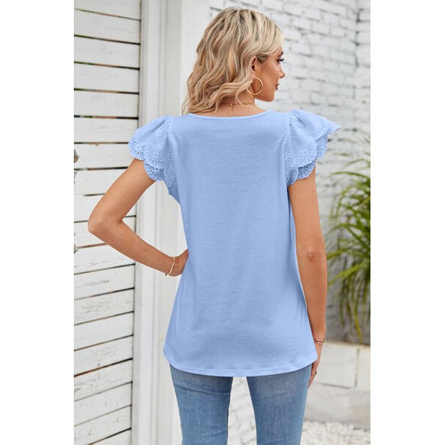 Eyelet Square Neck Cap Sleeve Blouse