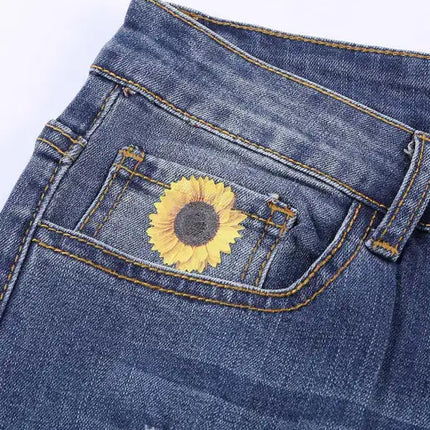 Leopard Patchwork Sunflower Print Distressed High Waist Jeans