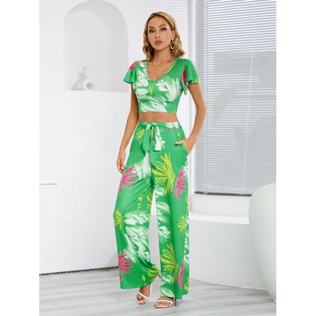 Printed V-Neck Top and Tied Pants Set