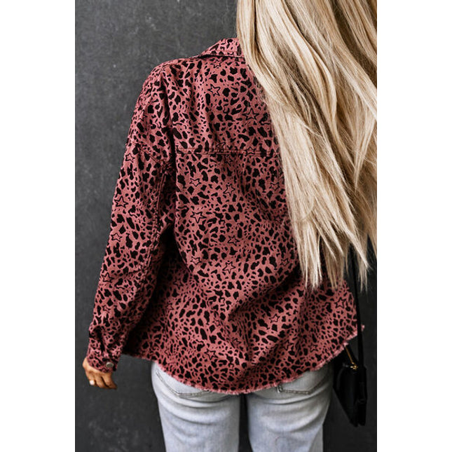 Leopard Raw Hem Button Up Denim Jacket