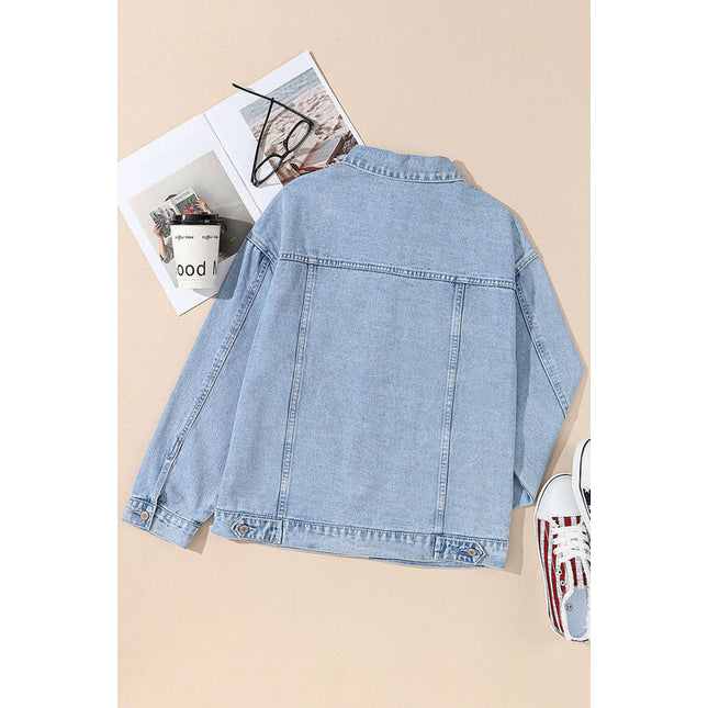 Pocketed Geometric Collared Neck Denim Jacket