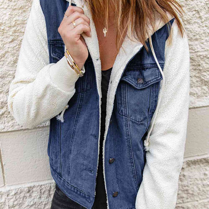 Two-Tone Spliced Denim Sherpa Hooded Jacket