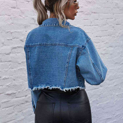 Raw Hem Collared Neck Denim Jacket