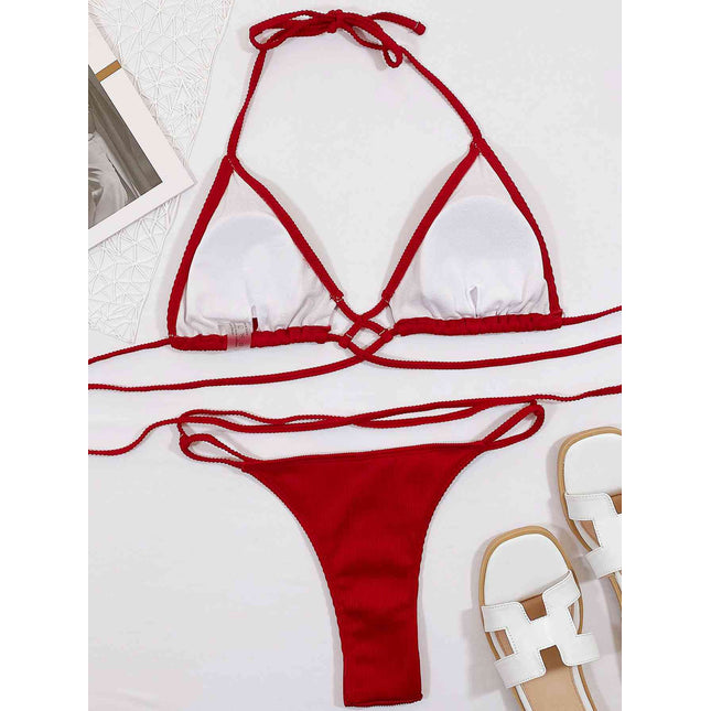 Halter Neck Crisscross Ribbed Bikini Set