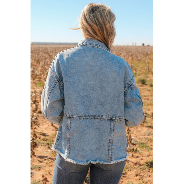 Studded Button Up Raw Hem Denim Jacket