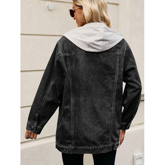 Drawstring Button Up Hooded Denim Jacket