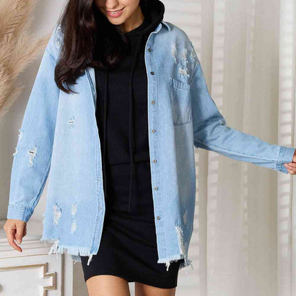 RISEN Full Size Distressed Raw Hem Denim Jacket