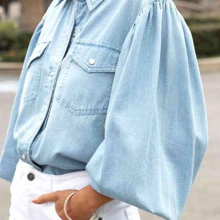 Snap Down Puff Sleeve Denim Top