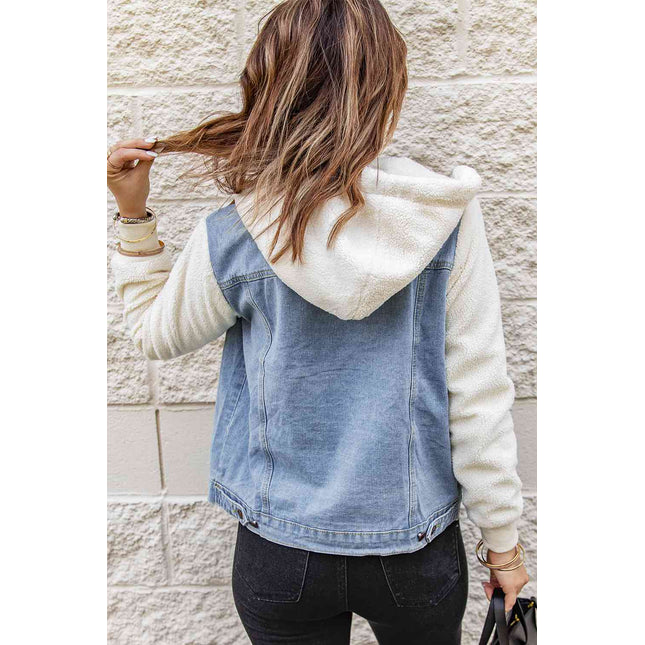 Two-Tone Spliced Denim Sherpa Hooded Jacket