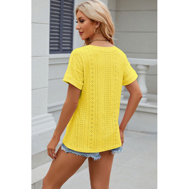 Eyelet V-Neck Short Sleeve T-Shirt