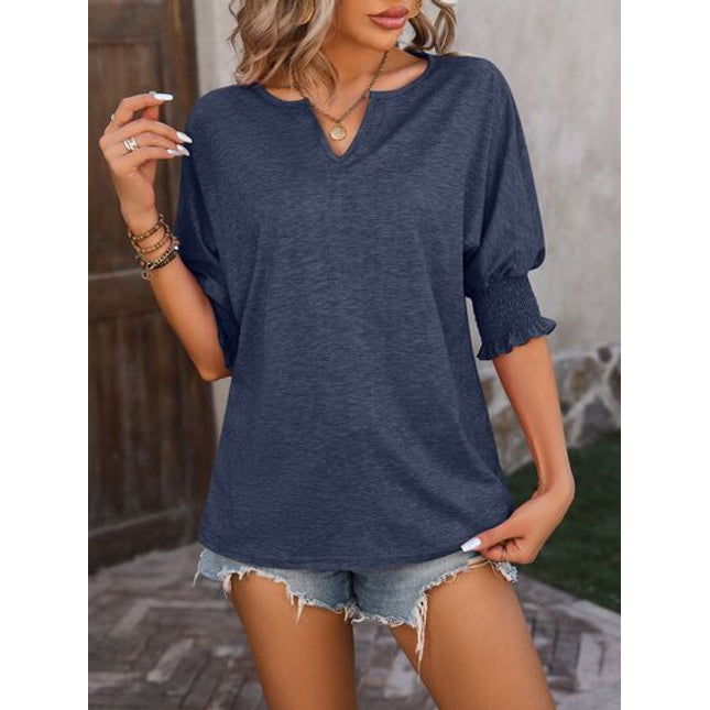 Heathered Notched Lantern Sleeve Blouse