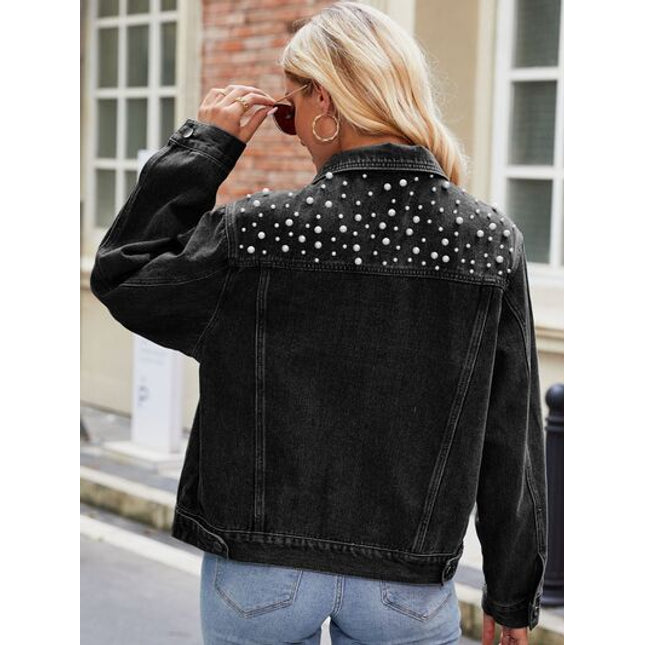 Pearl Detail Collared Neck Long Sleeve Denim Jacket