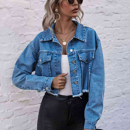 Raw Hem Collared Neck Denim Jacket