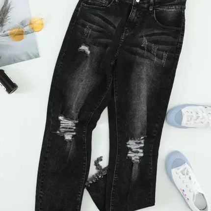 Classic Medium Rise Ripped Slim Fit Washed Jeans