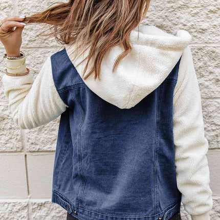 Two-Tone Spliced Denim Sherpa Hooded Jacket