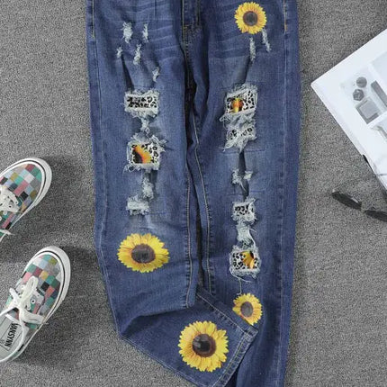 Leopard Patchwork Sunflower Print Distressed High Waist Jeans