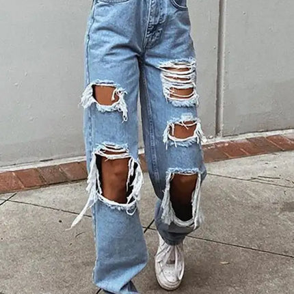 Ladies Ripped Wash Style Denim Trousers