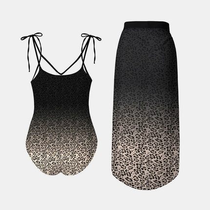 Leopard Tie Shoulder Swimwear and Skirt Swim Set