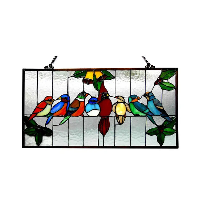 "Aves" Tiffany-glass Gathering Birds Window Panel 24.5x12.5