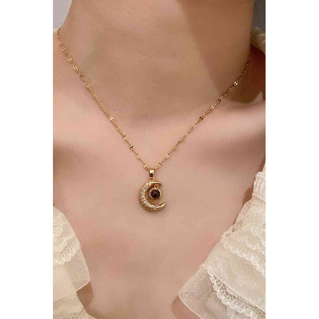 Inlaid Cubic Zirconia Moon Pendant Necklace