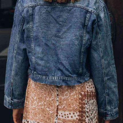 Button Up  Collared Neck Distressed Denim Jacket