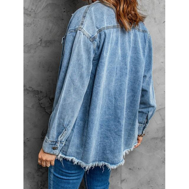 Frayed Hem Collared Denim Jacket