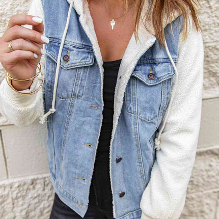 Two-Tone Spliced Denim Sherpa Hooded Jacket